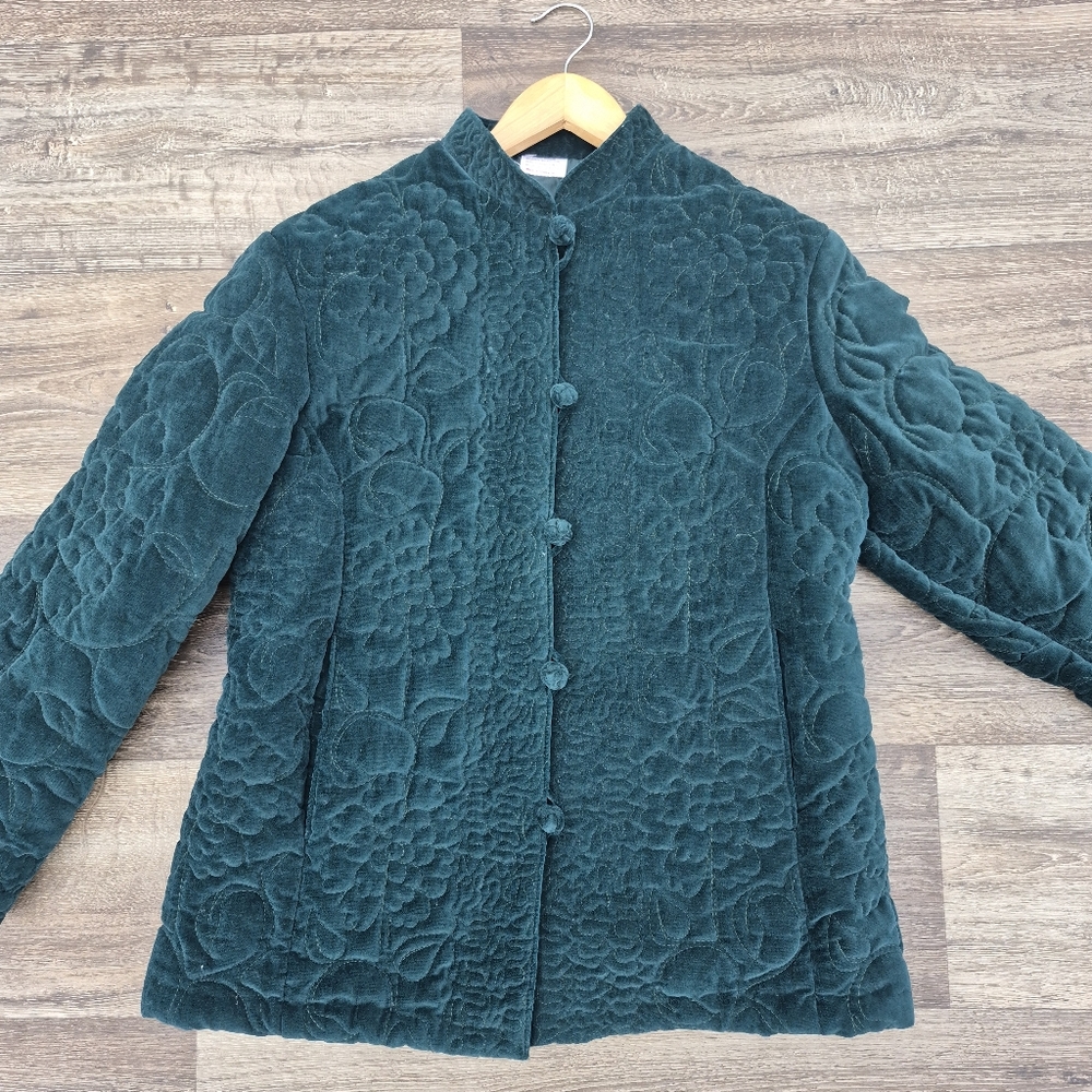 Women's VINTAGE Boho Gorgeous Emerald Green Teal Quilted Velvet Coat Size XL